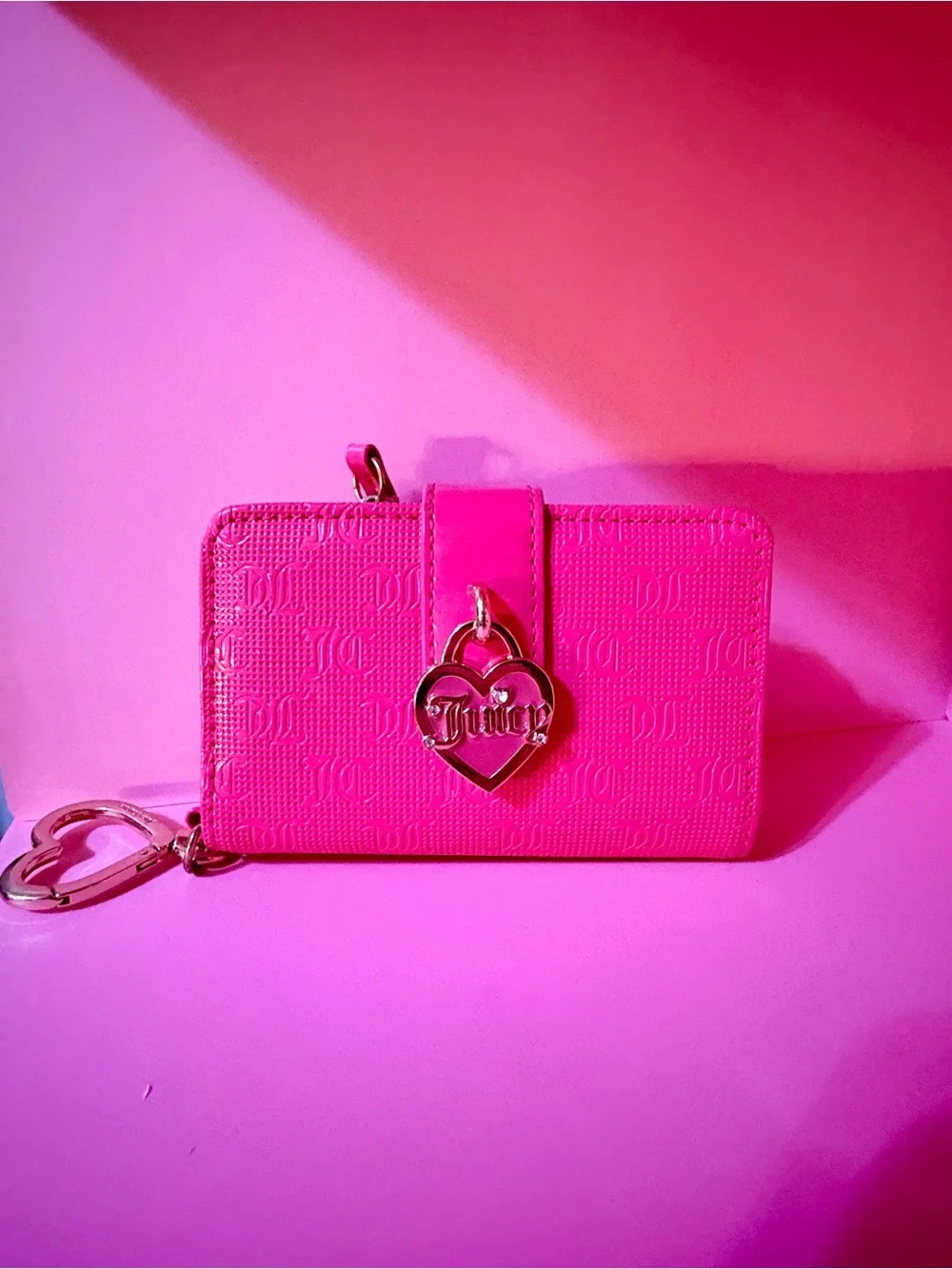 Juicy Couture Neon Pink Heart Charm Zip Wallet